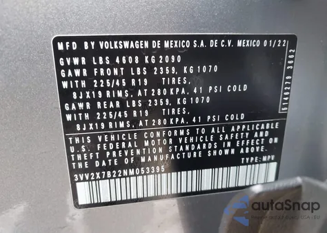 2022 Volkswagen Taos 1.5T Sel из США, поврежденный, VIN 3VV2X7B22NM053395